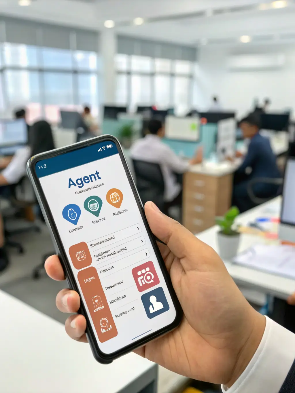 A mobile device displaying the Streamline Operations Mobile app, featuring task management, process tracking, and team collaboration tools, set against a backdrop of a busy office environment.